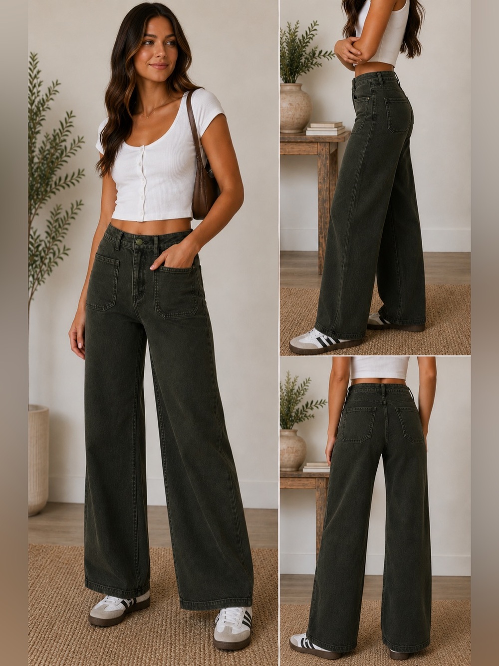 JBD Wide Leg Dark Olive Green High Rise Utility Crop Jeans